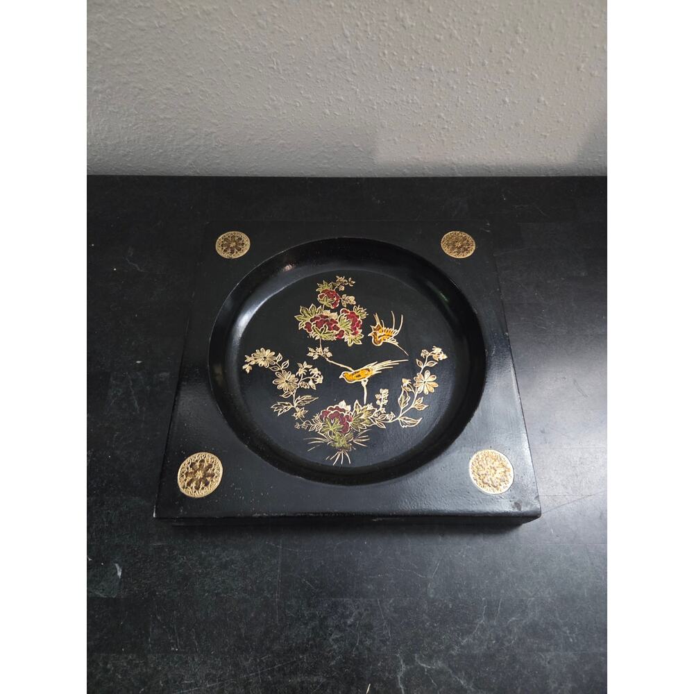 Florentia Italy 9.5" Hand-Painted Wooden Tray Birds & Floral Gold Accents